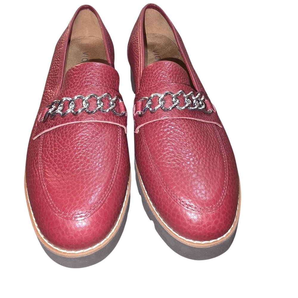 Vionic Emalyn Red Leather Loafers Chain Detail Comfort Shoes Size 8